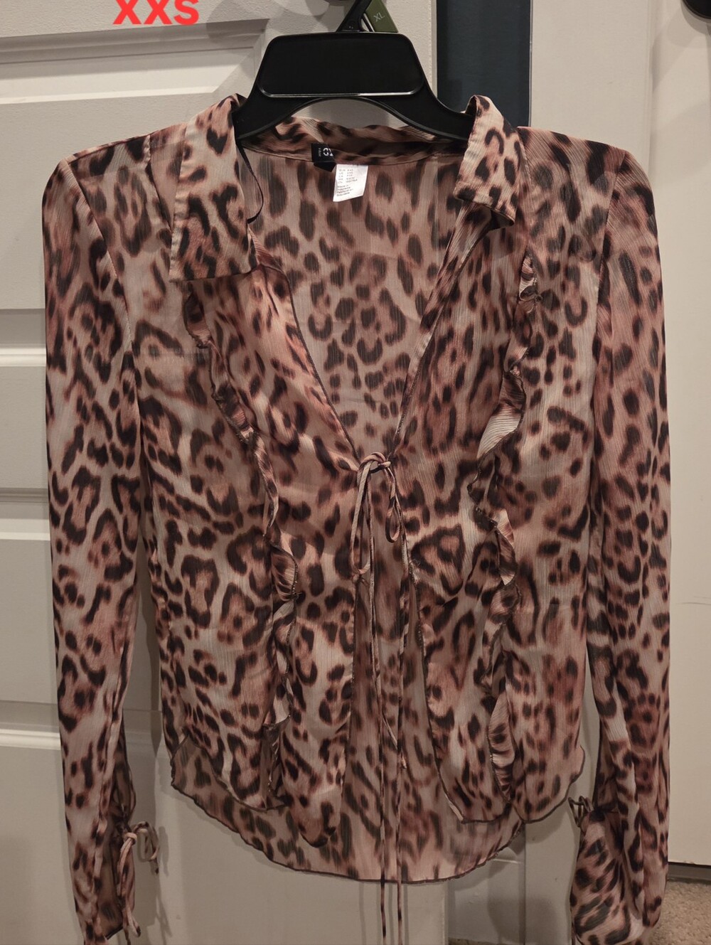 Leopard Print Tie-Front Ruffle Blouse - Brown